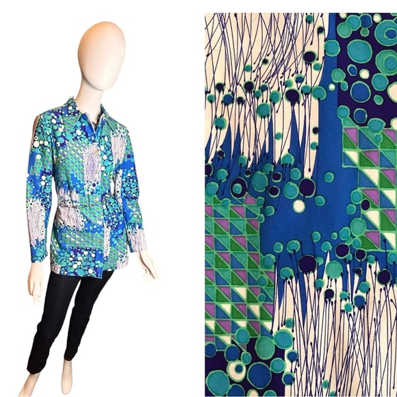 Vintage Tops - Vintage 70s Stockton Mod Blue Dagger Collar Blouse Size Vintage 14 / Medium